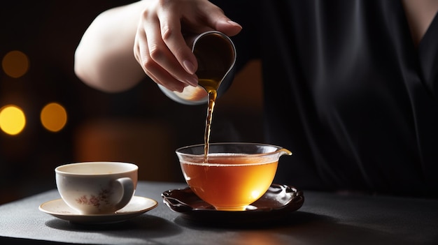 Woman pouring tea into tea cup 1