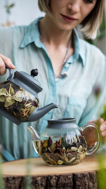 Photo woman pouring water in teapot mixed with herbal leaves for making tea at home