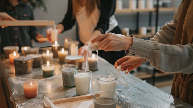 Photo a woman pours wax into a glass candle jar while surrounded by other candles