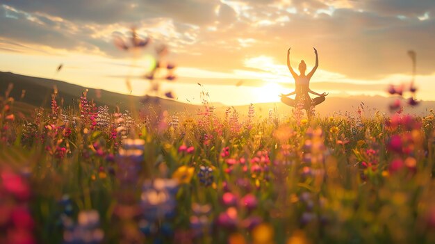 Photo a woman practices yoga in a field of flowers the sun is setting behind her the image is peaceful and serene