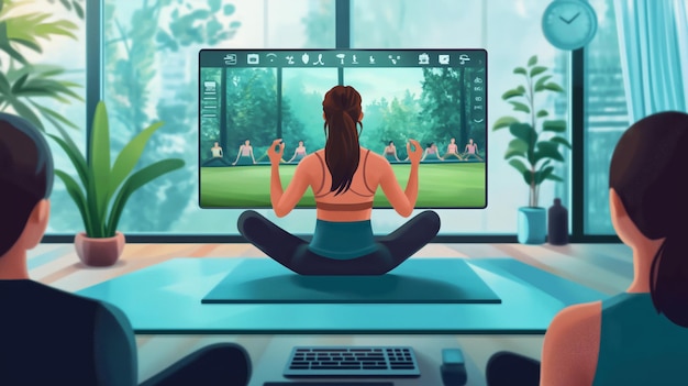 Photo a woman practices yoga at home in a bright modern living space using virtual guidance on her large screen