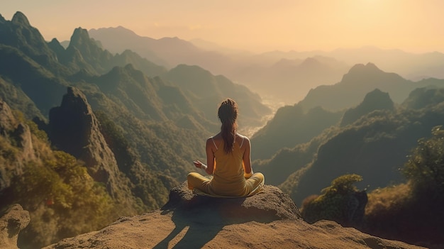 Woman practices yoga and meditates on the mountain