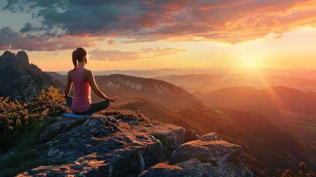 Woman practices yoga and meditating on the mountain sunset background