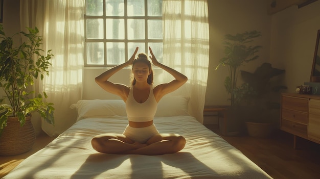 Photo a woman practices yoga peacefully in a sunlit bedroom