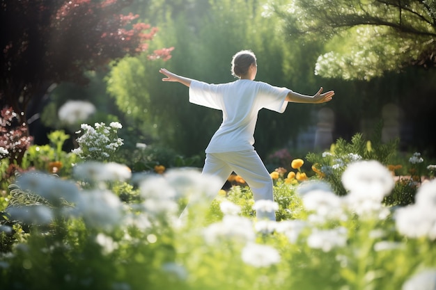 Woman practicing tai chi in peaceful garden Generative AI