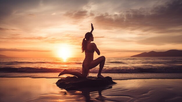 A woman practicing yoga on the beach at sunset