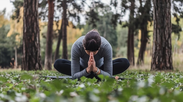 a woman practicing yoga in a forest with trees in the background