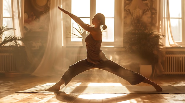 a woman practicing yoga in front of a window with the sun shining through the curtains