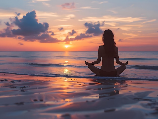 Woman practicing yoga or meditating on the beach at sunrise