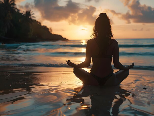 Woman practicing yoga or meditating on the beach at sunrise