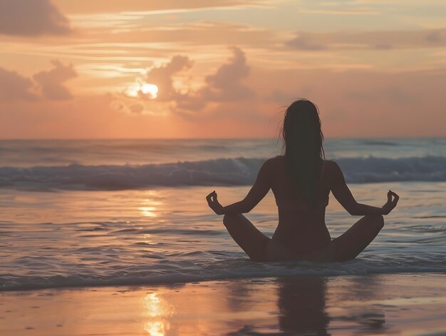 Woman practicing yoga or meditating on the beach at sunrise