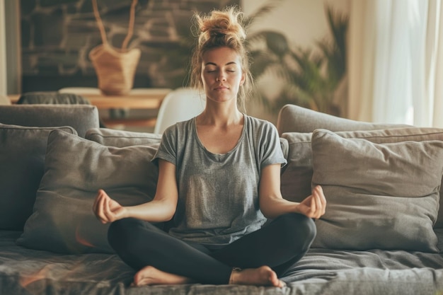 Photo woman practicing yoga meditation at home on a couch relaxing calm and peaceful atmosphere ideal for wellness relaxation and mindfulness concepts generative ai