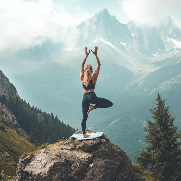 Photo woman practicing yoga in a mountain pose with breathtaking views of the mountains