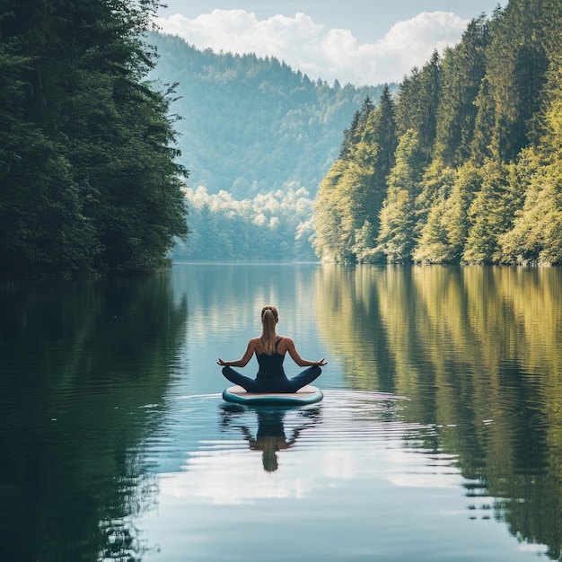 Photo woman practicing yoga on a paddleboard in a serene lake surrounded by lush greenery