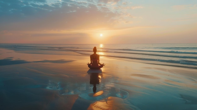 Photo a woman practicing yoga on a serene beach at sunrise embodying mindfulness and selfcare