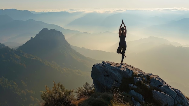 Photo a woman practicing yoga on a serene mountaintop with breathtaking views and a sense of tranquility