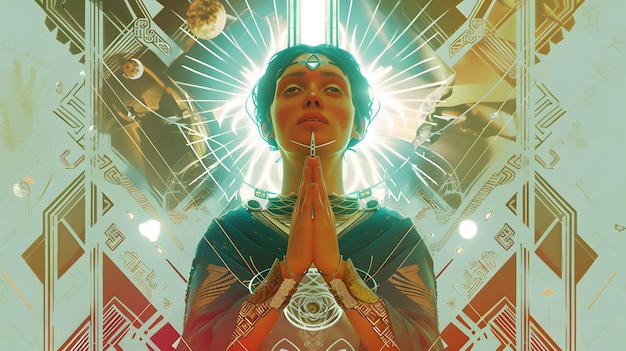 Photo woman praying in abstract geometric world