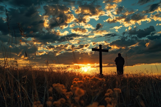 Woman Praying at Cross During Sunset A Serene Moment of Faith and Spiritual Reflection