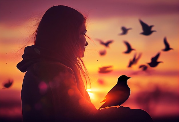 Woman praying and free bird enjoying nature on sunset background hope concept AI Generated