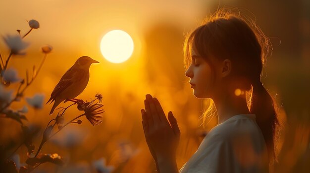 Photo woman praying and free bird enjoying nature on sunset background hope concept generative ai