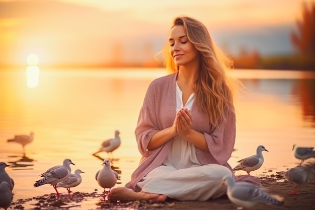 Photo woman praying and free bird enjoying nature on sunset background hope concept yoga meditation nature zen mindfulness praying