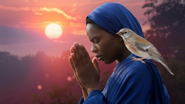 Woman praying and free bird enjoying nature on sunset background hope concept