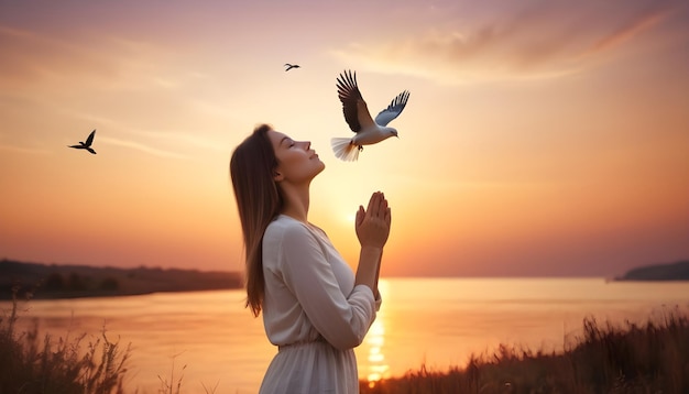 Woman praying and free bird enjoying nature on sunset background