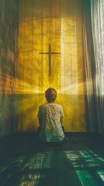 Photo woman praying under a glowing cross in a dark room