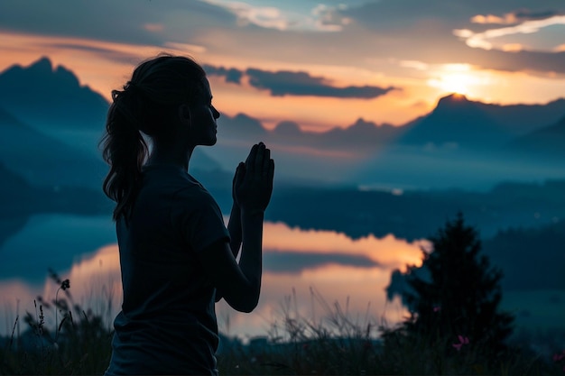 Photo woman praying at sunset with mountains