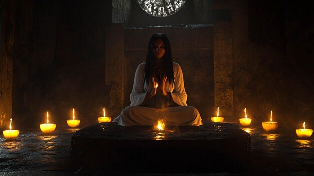 a woman prays in front of a clock with candles