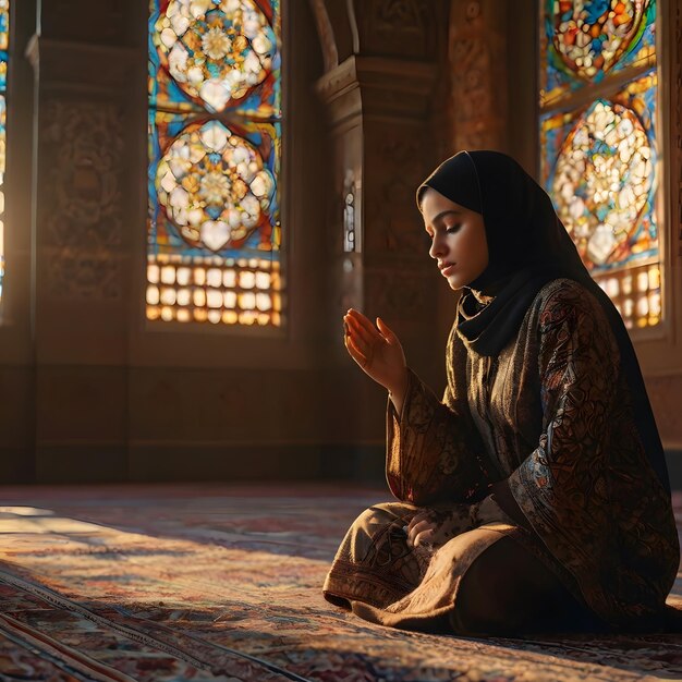 Photo a woman prays in front of a stained glass window