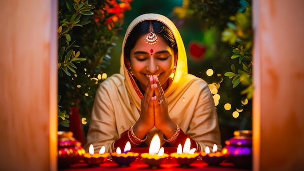 Photo a woman prays with a candle in the background