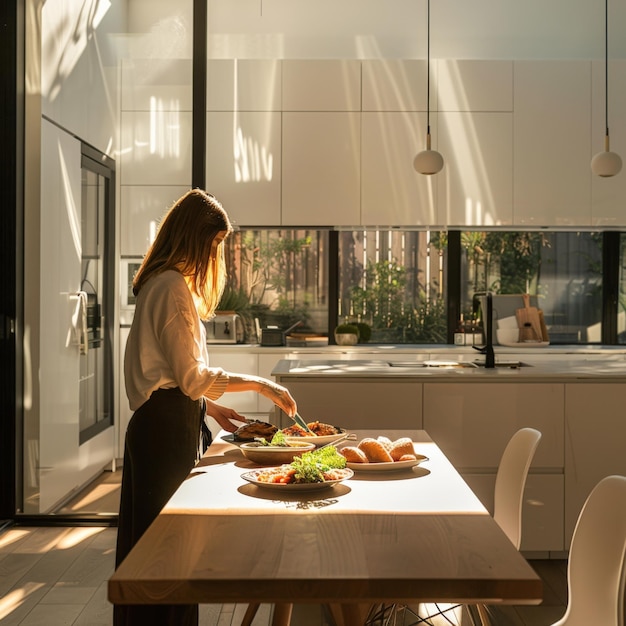 A woman prepares a healthy meal in a sunlit modern kitchen