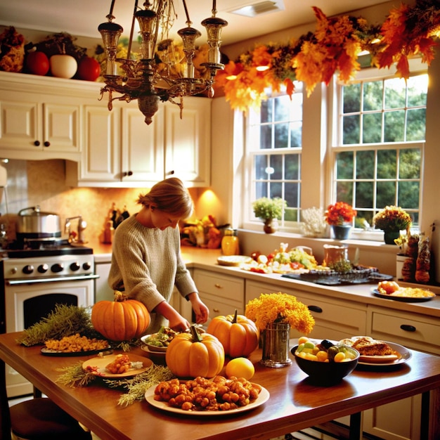 Photo a woman prepares a meal in a kitchen with pumpkins and pumpkins