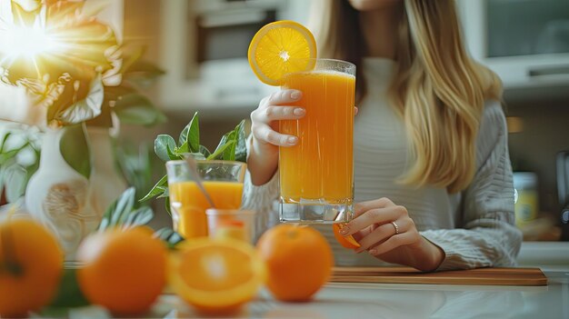 Photo a woman prepares orange juice selective focus