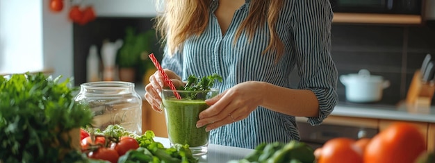 Photo a woman prepares a vegetable smoothie in the kitchen selective focus