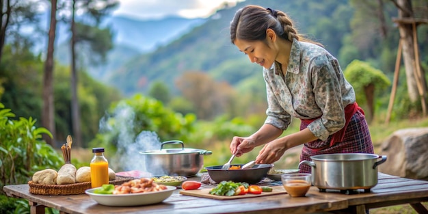 Photo woman preparing food outdoors