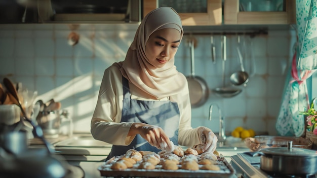 Woman Preparing Homemade Pastries in Sunlit Kitchen Cozy Home Baking Atmosphere