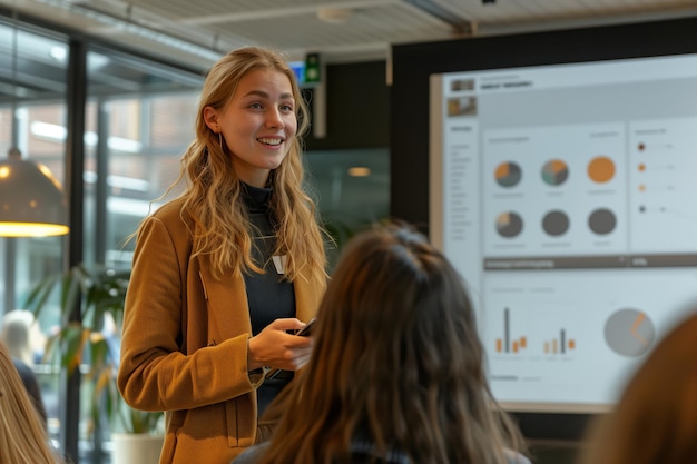 Photo woman presenting data in modern office