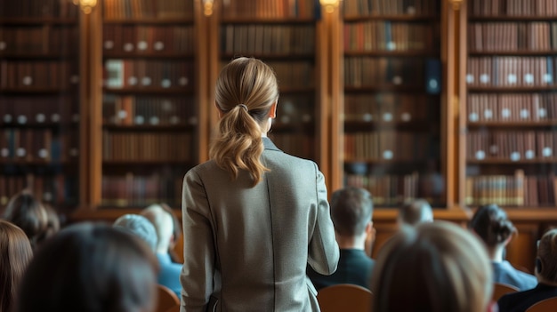 Woman presenting in front of a library