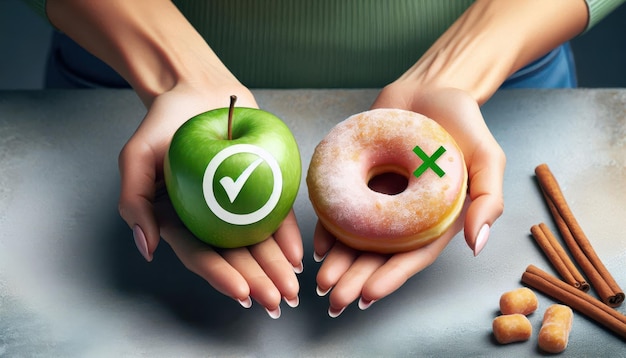 Photo a woman presents an apple marked with a checkmark and a donut with a cross mark symbolizing the deci