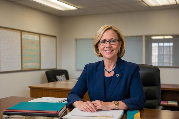 Photo woman principal in school office with desk c