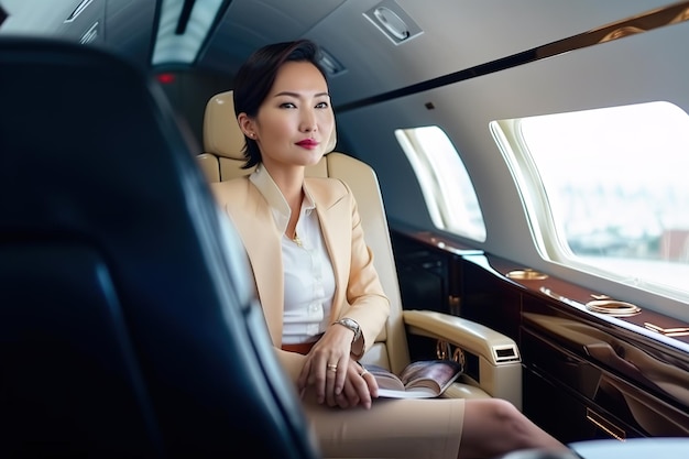 A woman in a private jet is sitting in a private jet