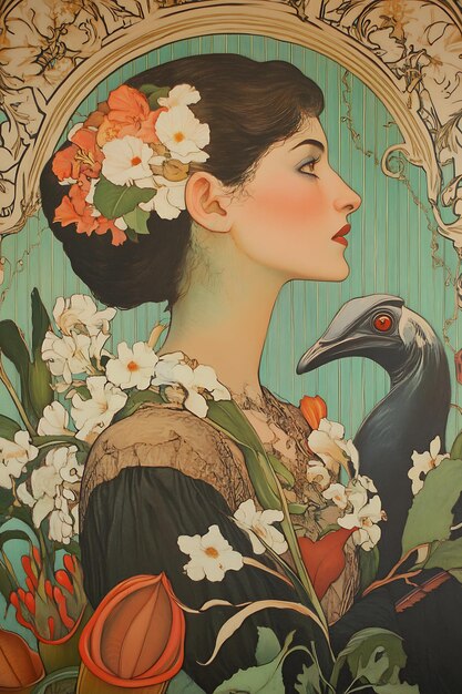 Woman in Profile with Bird and Floral Motifs in Art Nouveau Style