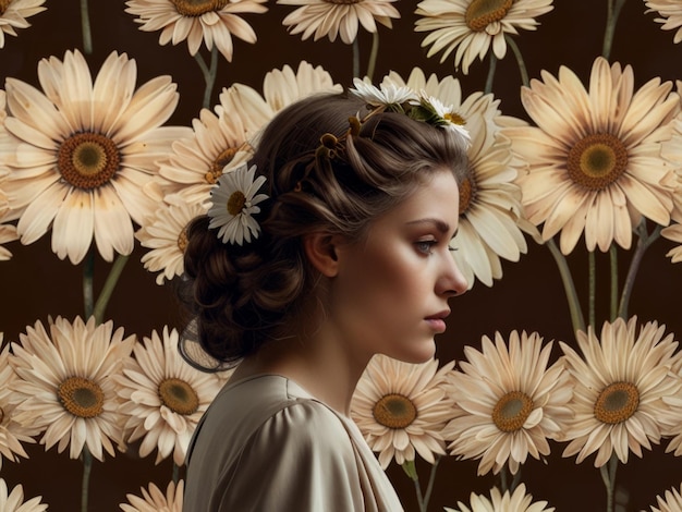 Photo a woman in profile with a daisy flower crown against a floral background