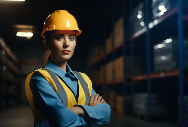 woman in a protective helmet and uniform working in a warehouse in a manufacturing factory