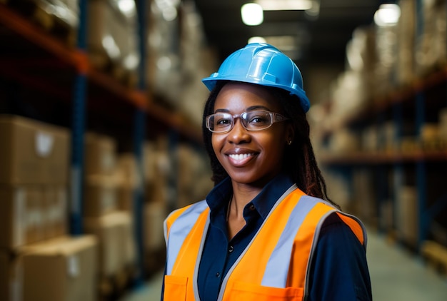 woman in a protective helmet and uniform working in a warehouse in a manufacturing factory