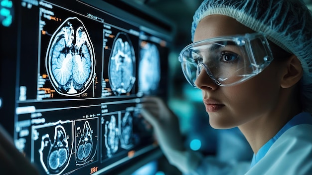 a woman in a protective mask looks at a monitor with brain brain in the background