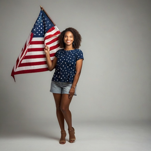 A woman proudly holds the flag of the United States of America commemorating the nations Independe