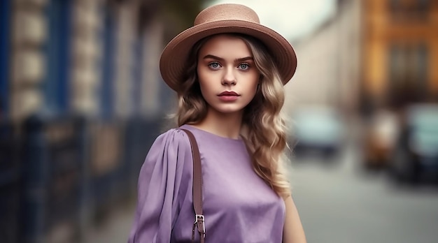 A woman in a purple dress and hat stands on a street.